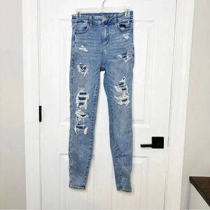 AMERICAN EAGLE Curvy High Rise Jegging Patched Medium Distressed Jeans 2 Regular